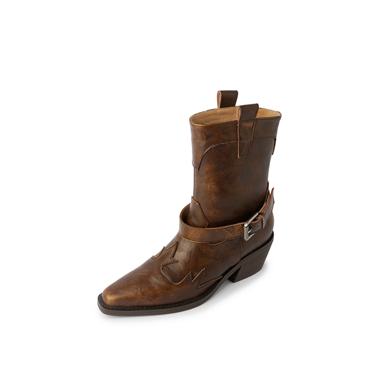 Boot nữ cao gót mũi nhọn chữ V kiểu cowboy gót thô khóa thắt lưng — Màu nâu [lót nhung]