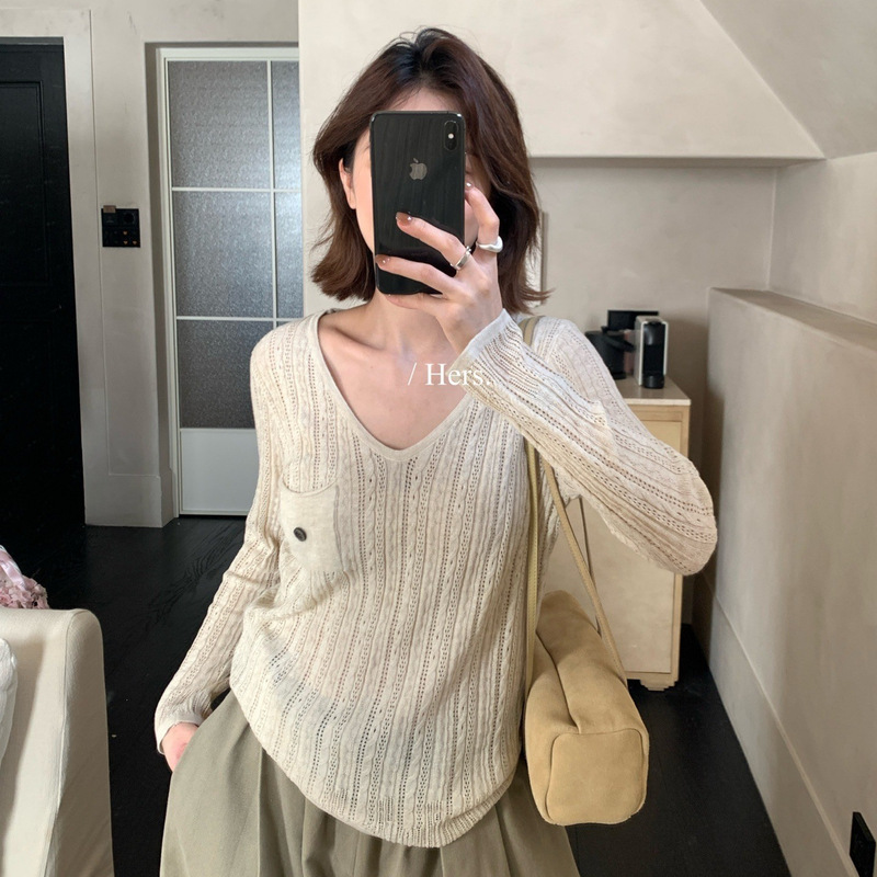 Hers Sweet Autumn Korean Style Casual Age-Reducing Elegant Daily Pocket V-Neck Long Sleeve Knit Sweater for Women 66960