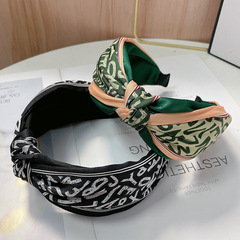 新款簡約百搭布藝緞面字母數字發箍女 高檔雙層打結寬邊印花頭箍