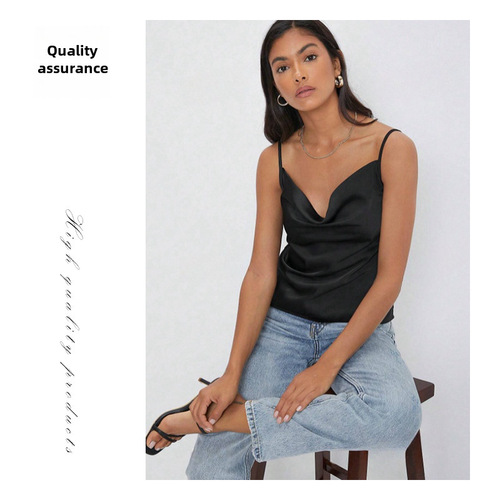 西装内搭仿真丝缎面吊带 背心女堆堆领外穿性感打底 荡领短上衣