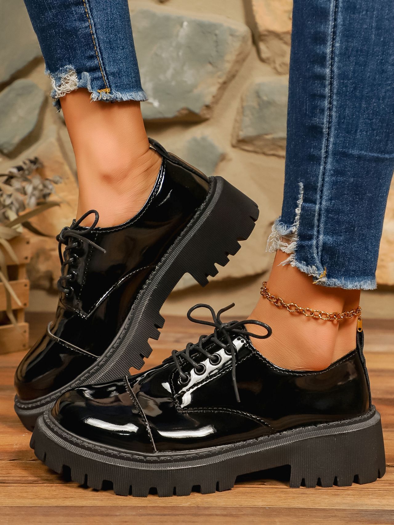 Scarpe eleganti donna stringate loafer retro punta tonda pelle_voghion.com