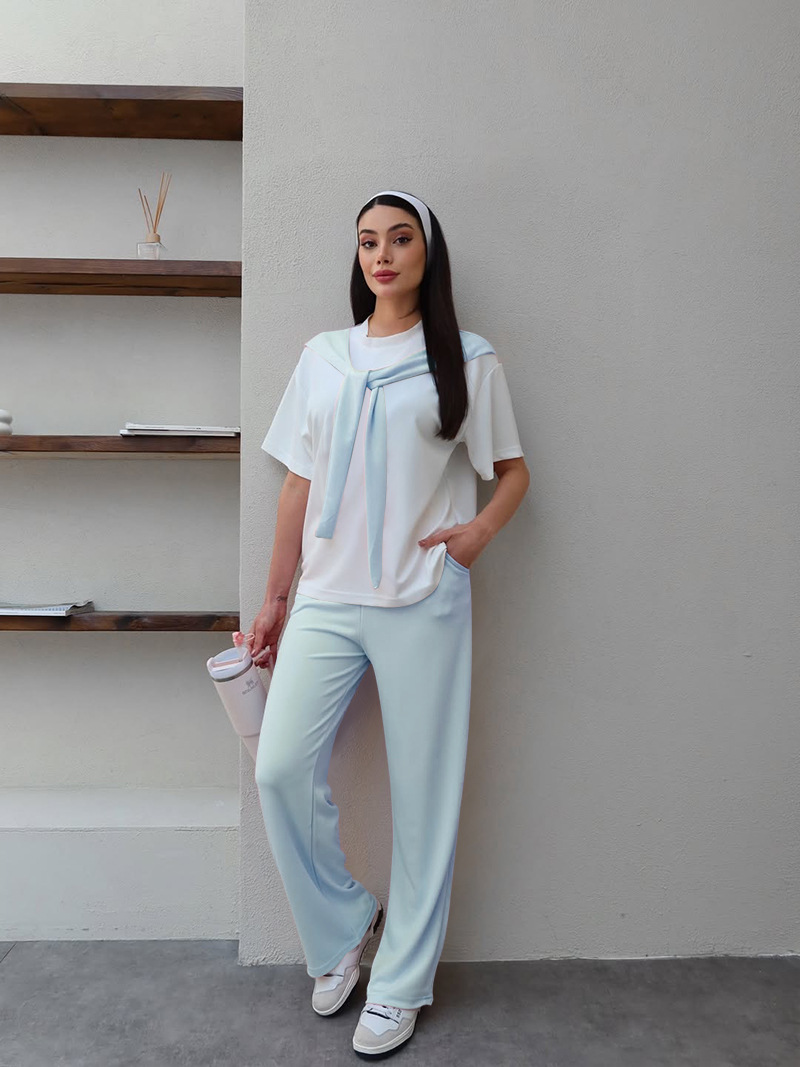 Women's Clothing Women's Faux Wrap Short Sleeve Top And Straight Leg Pants Set Patchwork White Round Neck Summer Fashion Casual Outfit_ecoleips.com
