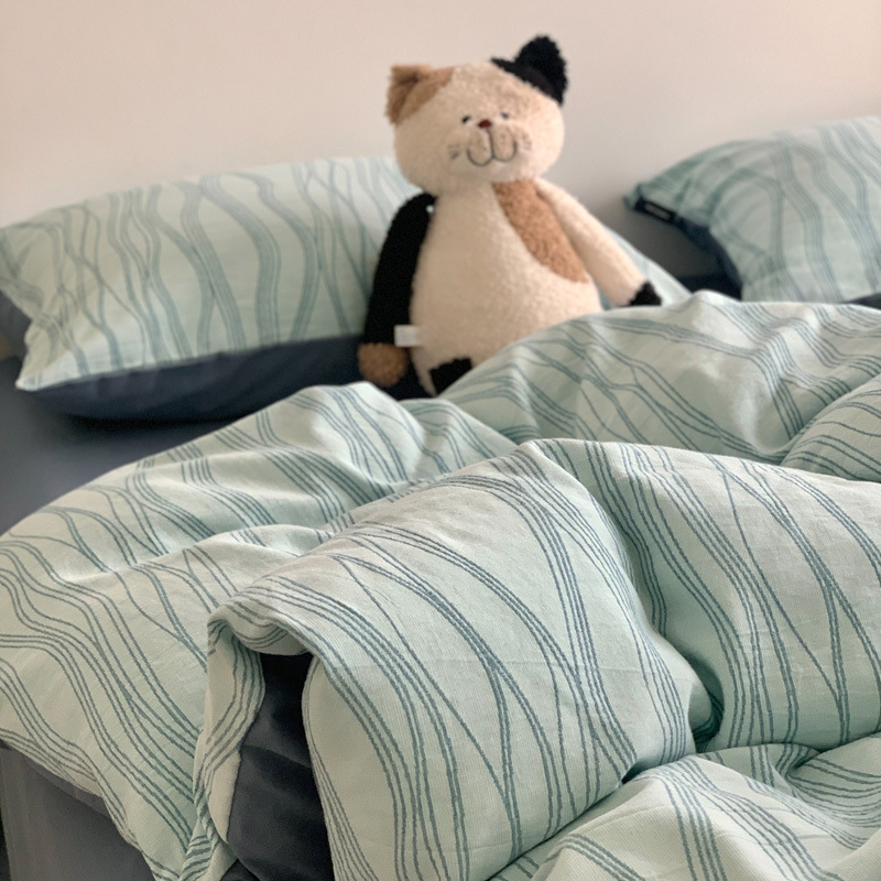 Autumn and Winter Class a 100% Cotton Brushed Yarn-Dyed Jacquard Four-Piece Set of Dormitory Pure Cotton Bed Sheetss, Quilt Covers, Fitted Bed Sheetss and Bedding