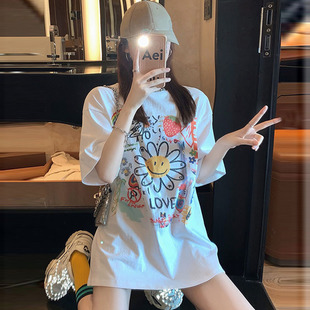 Summer trend cute long short sleeve T-shirt, Korean style, internet celebrity, loose fit, mid-length