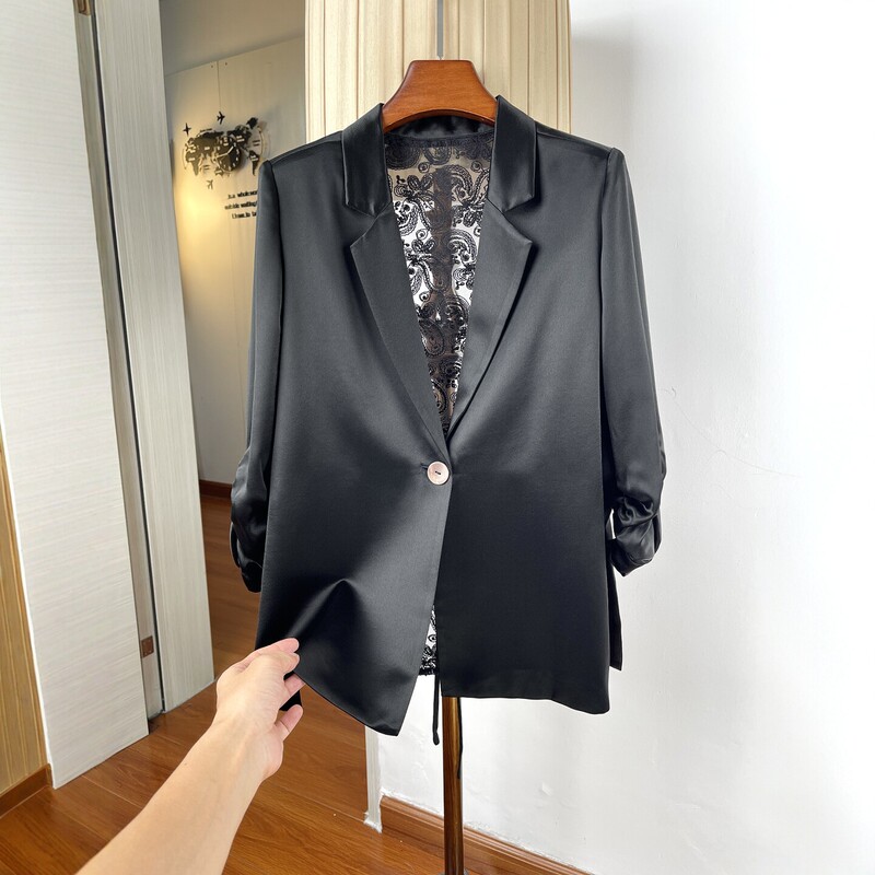 Lace-Back Acetate Satin Blazer for Women, Summer Thin Style, Feminine Loose Fit with Tie Waist