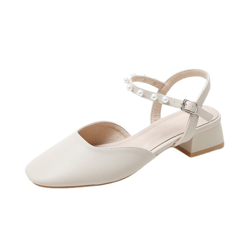 Nuevas sandalias de cabeza de perla 2026 verano versátil tacones gruesos suaves zapatos de talón medio Mary raros