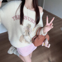 2024秋冬新款仿貂绒印花宽松套头毛衣女上衣软糯慵懒风打底针织衫