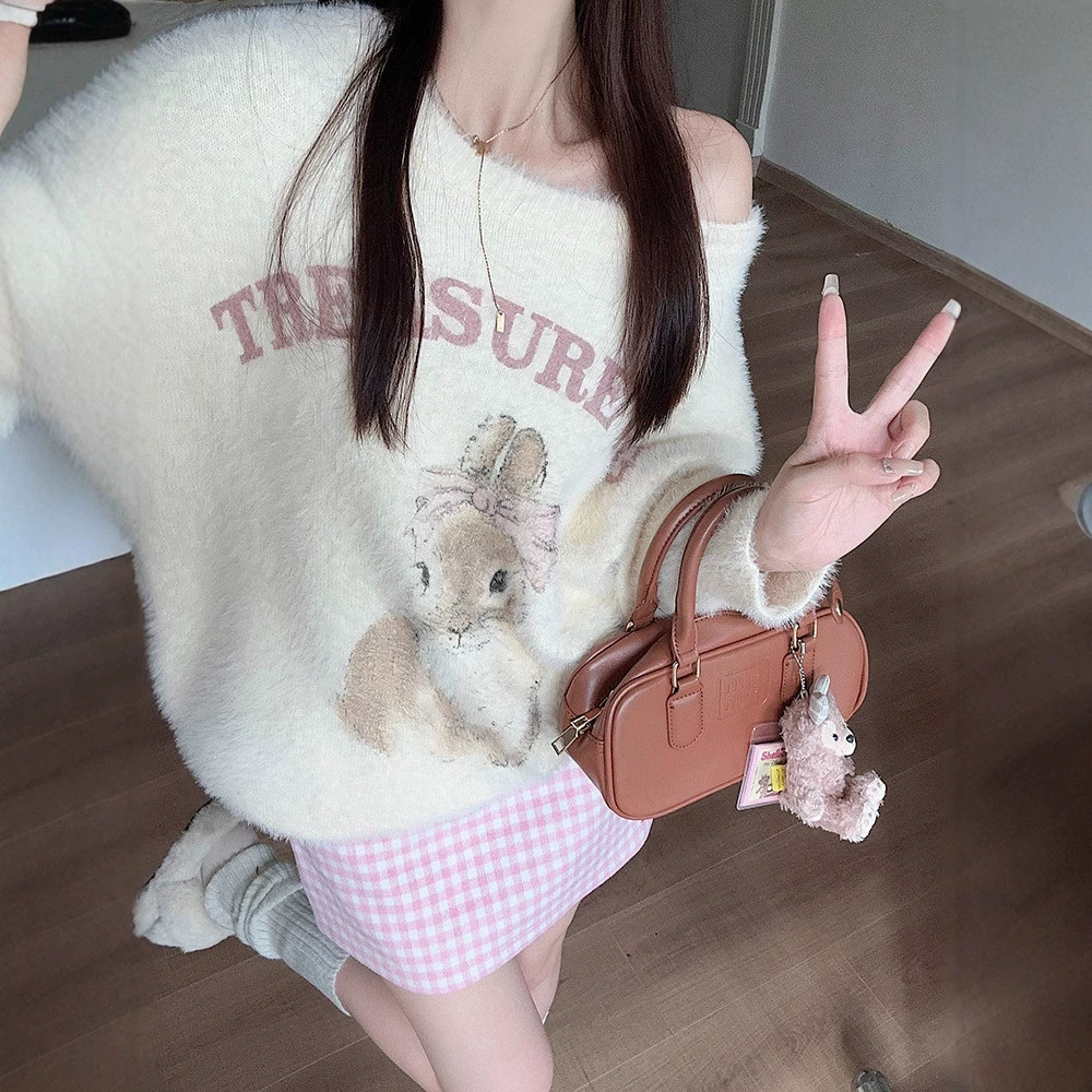 2024 осень и зима новый имитация норкового плюшевого принта свободный пуловер свитер женский топ мягкий клейкий ленивый стиль трикотаж