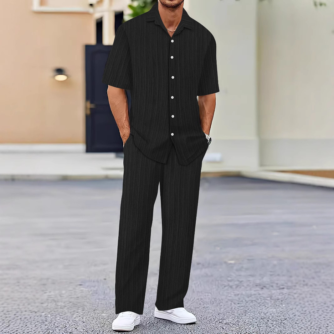 Europe and the United States cross-border AliExpress new foreign trade men's lapel solid color short sleeve shirt drawstring trousers suit European size