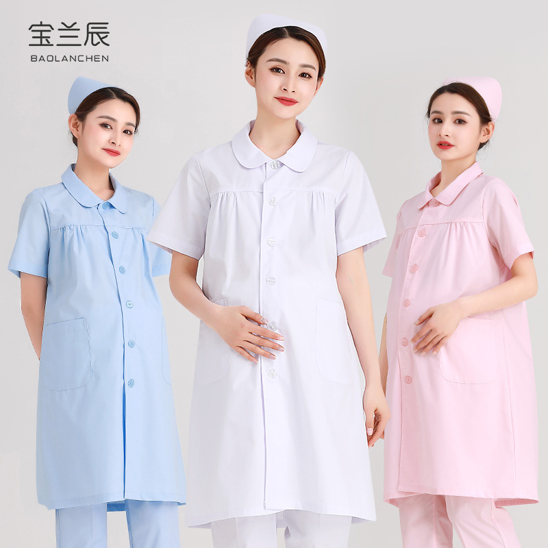 Summer Long Nurse Uniform Nurse Maternity Work Clothes Maternity White Coat Plus Size Doctor Short-Sleeved Split Pregnancy