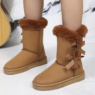 Amazon Cross-border plus size Snow Boots Women's 2024 Winter New fleece-lined Thickened Warm Bow Sleeve Cotton Boots
