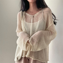 韩国chismc夏季法式复古慵懒风宽松长袖镂空薄款针织罩衫上衣女