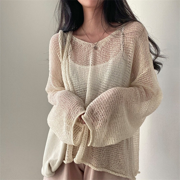 South Korea chismc summer French retro lazy loose long sleeve hollow thin knitted blouse top for women