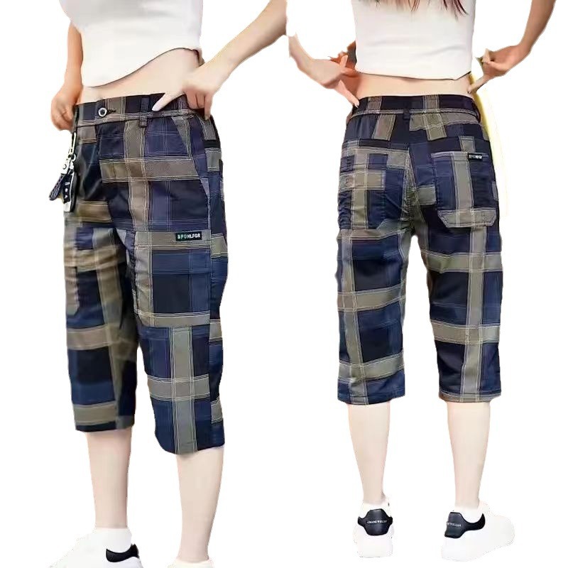 Six-Pocket Cropped Pants Summer Thin Loose Versatile Straight-Leg Stretch Plaid Casual Shorts Ice Silk Cropped Pants for Men