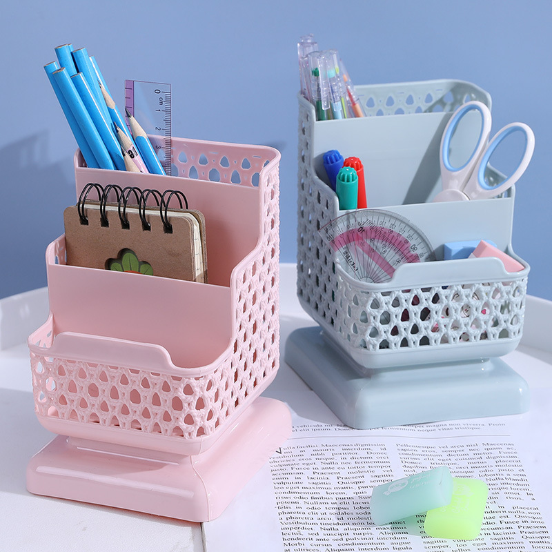 Caja de almacenamiento de cosméticos hueca de escritorio, soporte para teléfono móvil, portalápices de almacenamiento para estudiantes multifuncional de tres capas de plástico de oficina