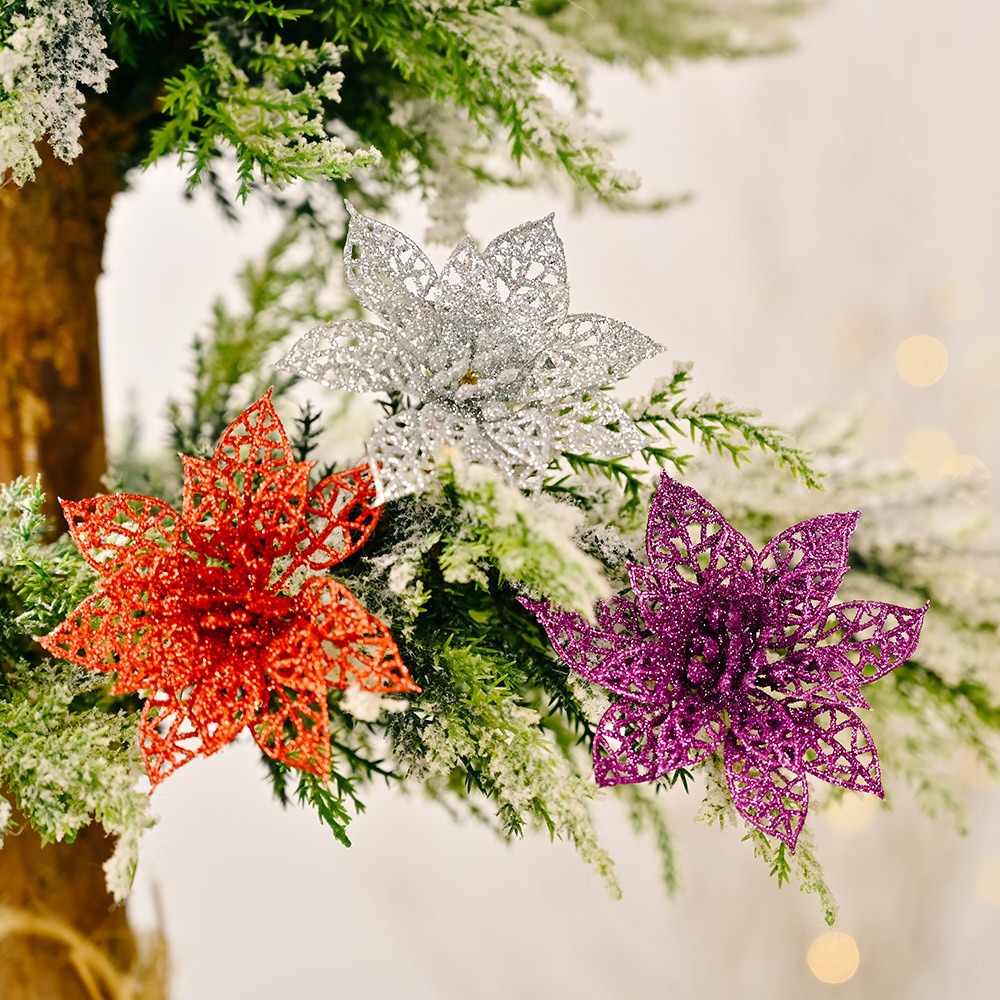 Colgante de Navidad polvo de oro polvo de polvo de plástico flor de simulación accesorios de guirnaldas de decoración de árbol de Navidad flores de Navidad