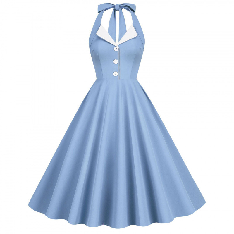 50 Hepburn-Style Color-Blocked Retro Lapel Backless Halter Dress Romantic Vacation Date Dress Bridesmaid Dress