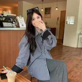 宽松慵懒风休闲条纹口袋衬衫女秋季2026新款廓型拼接撞色长袖上衣