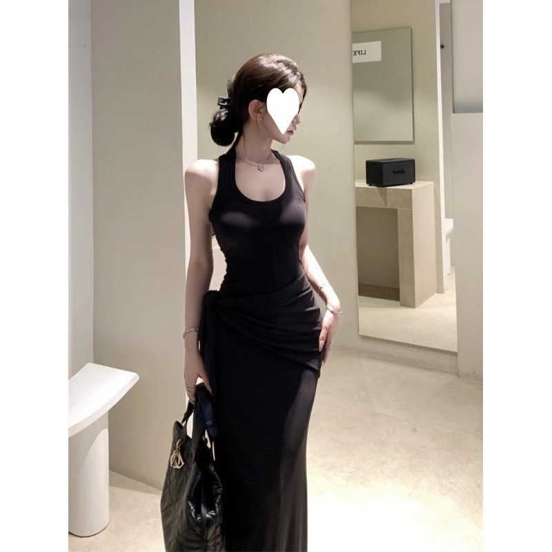 黒の U ネックノースリーブレーサーバックドレス女性の夏の新しい気質セクシーなウエスト痩身ヒップスカート|undefined