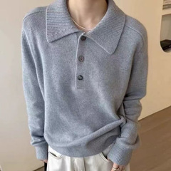 100纯羊毛女式翻领针织打底衫舒适软糯亲肤毛衣三粒扣小众设计感