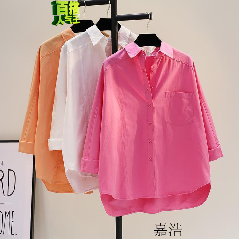 100%纯棉/棉玫红色长袖衬衫袖领女2024年春季新款单口袋宽松型显
