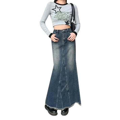 Niche hot girl design lotus leaf hip-hugging fishtail skirt for women 2023 autumn and winter new high-waist slit denim skirt