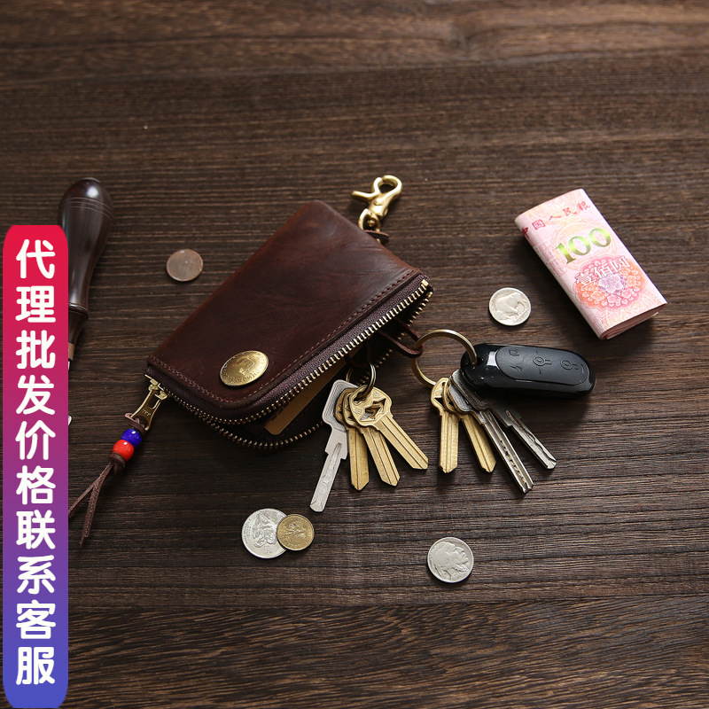真皮简约拉链锁匙包男士腰挂多功能钥匙包大容量头层牛皮女士钱包