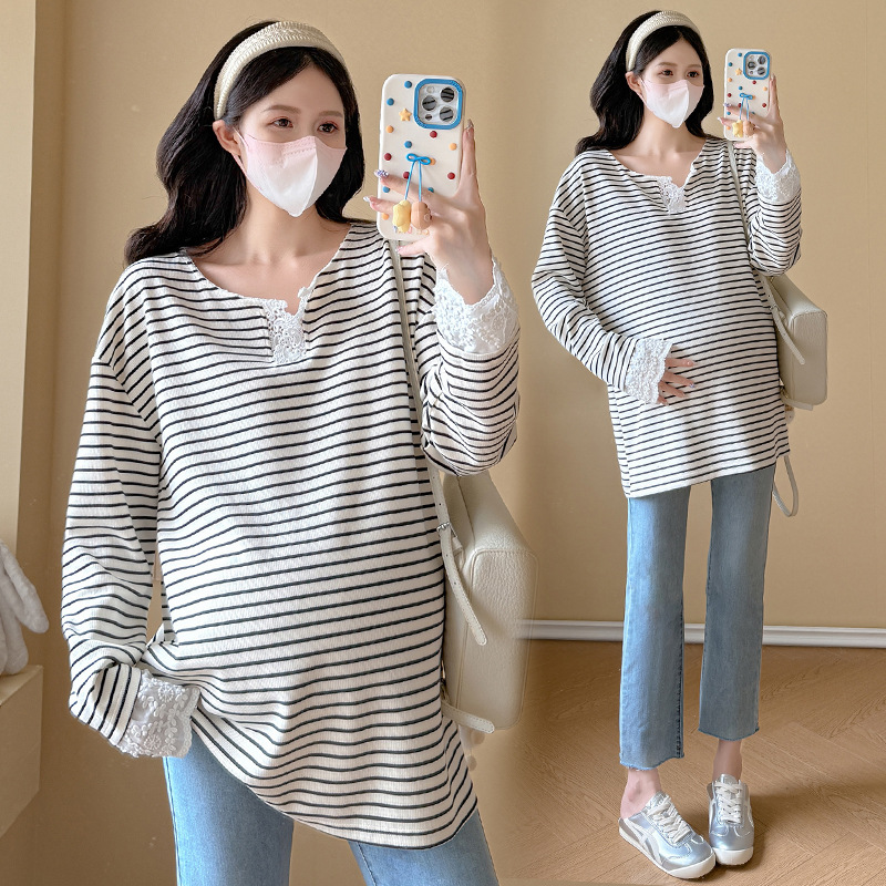 New Maternity Wear Striped Tops Loose Plus Size Women's Knitted Knitwears Lace Maternity Tops
