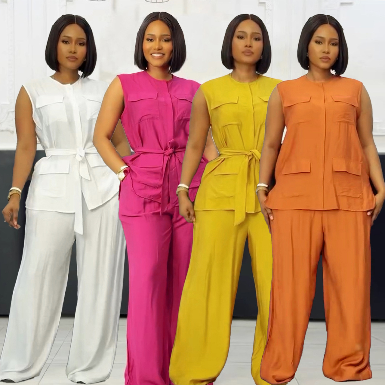 Elegant Sleeveless Vest & Wide-Leg Pants Set – Breathable Polyester Two-Piece Outfit (White/Pink/Yellow/Orange, S-3XL)​_ecoleips.com