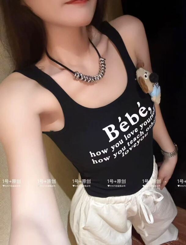 早秋bm美式辣妹自带胸垫吊带字母印花背心狗狗胸针U领显瘦上衣|undefined