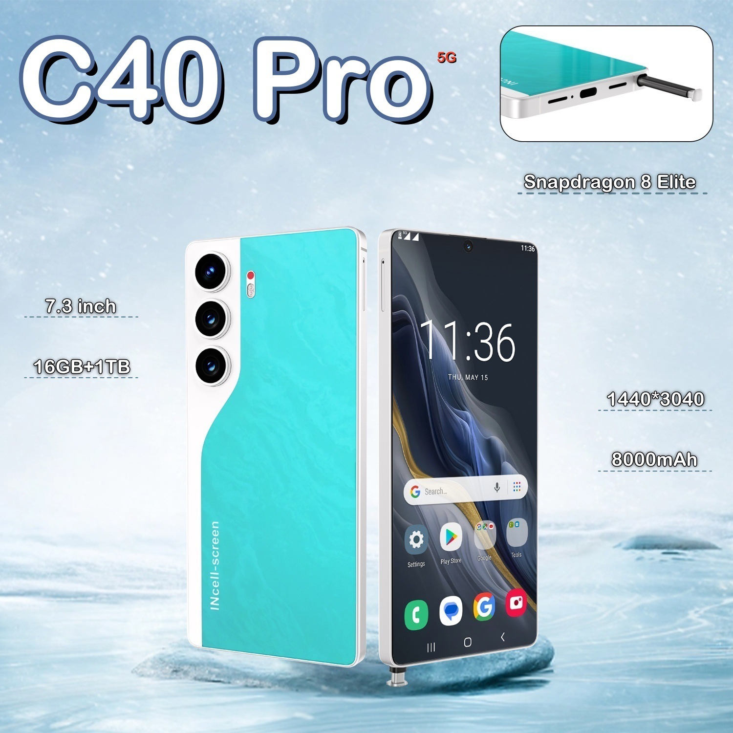 Cross-Border Hot Selling C40Pro Android Mobile Phone 7.3inch Large Screen 16+1t Memory Source Manufacturer Aliexpress Full Netcom