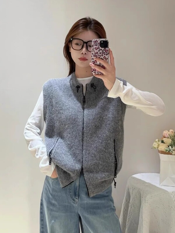哥家商场同款女装2025秋季百搭马夹上衣抽绳双头拉链圆领坎肩针织|undefined