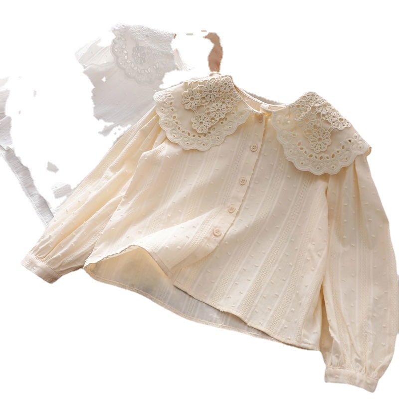 Primavera y otoño camisas de ropa de niñas bebés estilo extranjero marca de moda personalidad coreana encaje dulce camisa blanca hueca