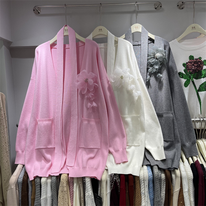 European and American Cross-Border Stereo Large Flower Knitted Cardigan Women's Autumn and Winter Lazy Style Lace-Up Waist Mid-Length Sweater Jacket European and American Cross-Border Stereo Large Flower Knitted Cardigan Women's Autumn and Winter Lazy Style Lace-Up Waist Mid-Length Sweater Jacket