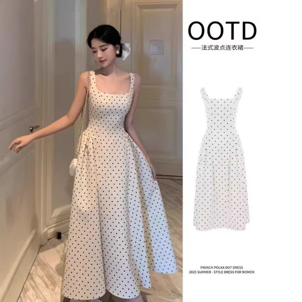Polka Dot Spaghetti Strap Dress, French-Style Long Dress for Women, Summer 2026 New Fashion, Cinched Waist, Hepburn Style, High-End Outfit Polka Dot Spaghetti Strap Dress, French-Style Long Dress for Women, Summer 2026 New Fashion, Cinched Waist, Hepburn Style, High-End Outfit