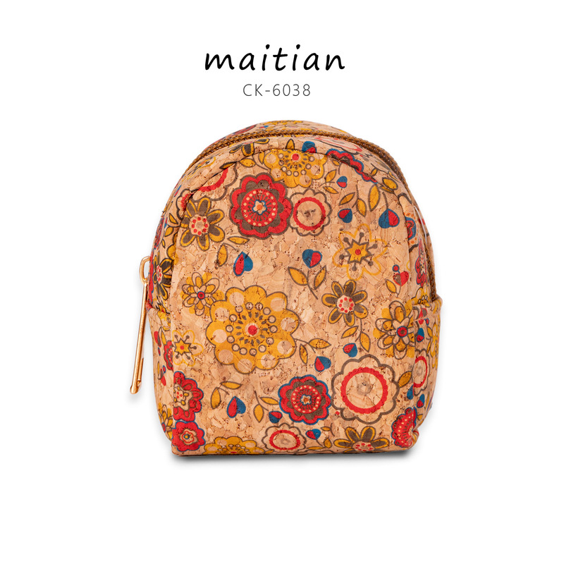 Ethnic Style Printed Bark Coin Purse Mini Portable Zipper Bag with Keychain Cork Small Wallet Supports Customization