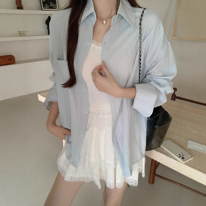Korean Style Lazy Style Shirt Spring and Summer New Korean Style Versatile Solid Color Sun Protection Shirt Long-Sleeved Shirt for Women