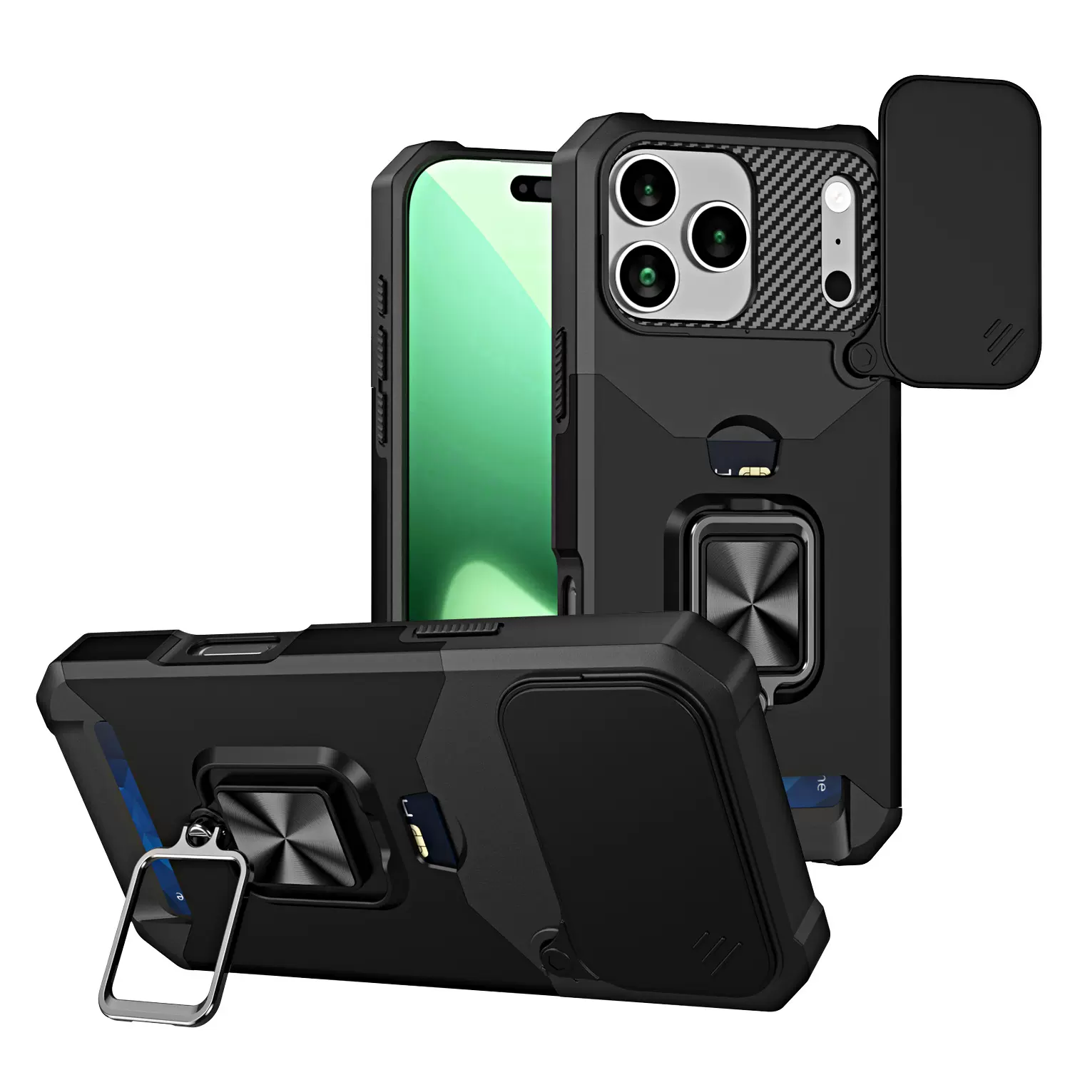 适用IP17PROMAX指环插卡手机壳自带卡包以及推窗保护镜头工厂直发