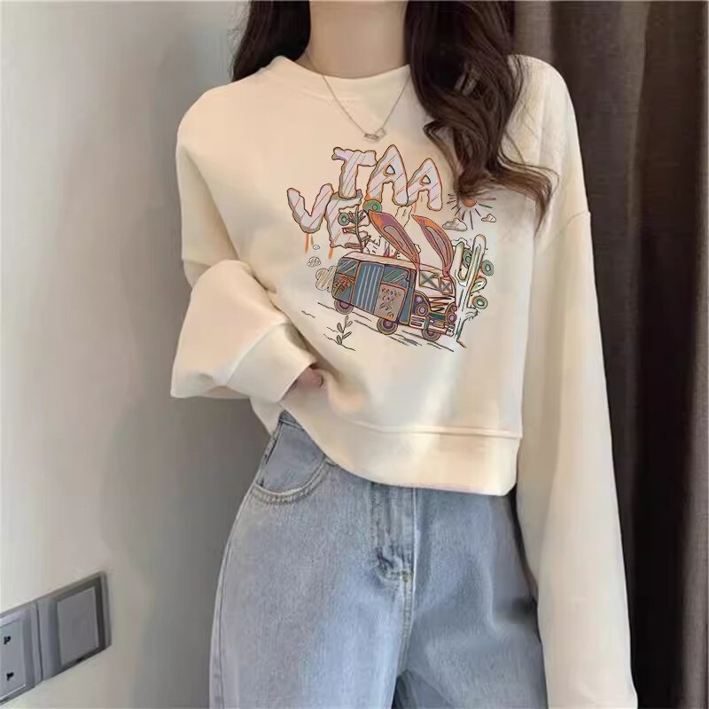 Design Sense Niche Hong Kong Style fleece-lined Short Round Neck Sweatshirt Women's Pullover 2025 Spring and Autumn New Trendy Small Top