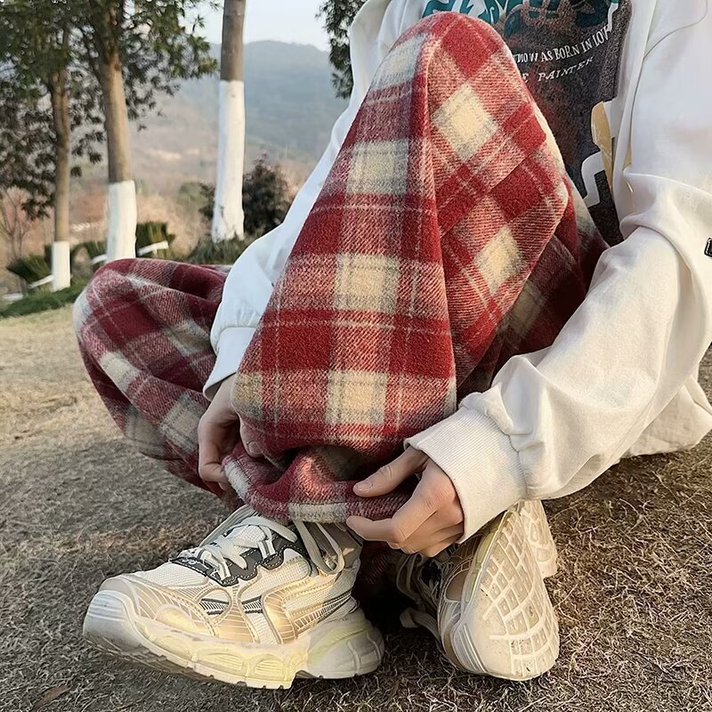 2026 Red Plaid Pants Autumn and Winter 2026 New High-Waisted Drapey Wide-Leg Pants Casual Thickened Woolen Cotton Pants 2026 Red Plaid Pants Autumn and Winter 2026 New High-Waisted Drapey Wide-Leg Pants Casual Thickened Woolen Cotton Pants