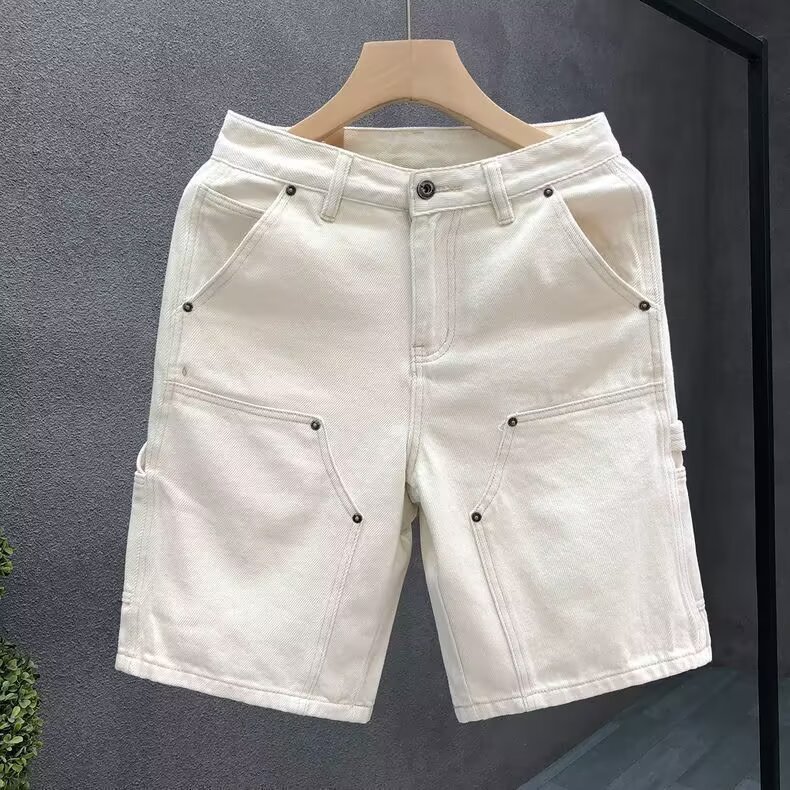 2025 New Trendy Simple Apricot Washed Heavy Workwear Jeans Men's Summer Loose Straight Five-Point Pants