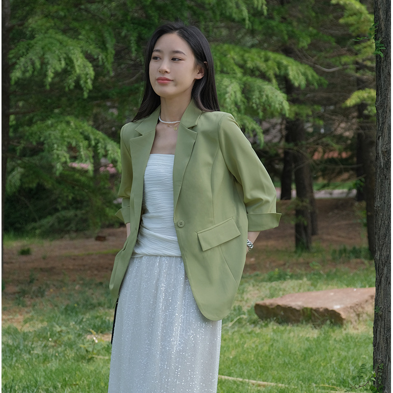 TH high-order light luxury! Capable temperament JI mouth three acetic acid one button flat barge collar thin commuter suit jacket women