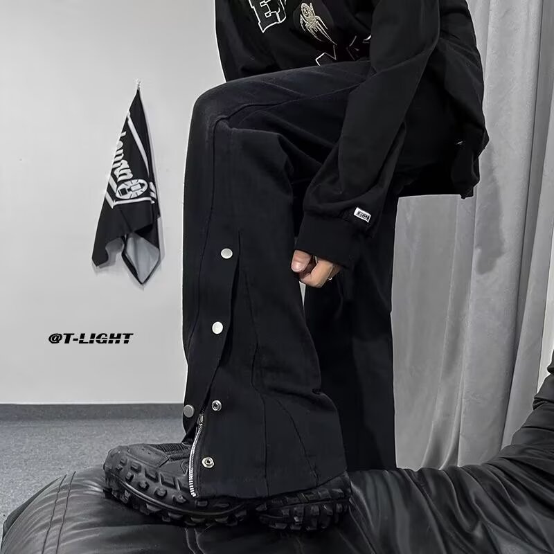 Otoño y invierno nuevo estilo americano botón negro jeans de moda micro bocina casual nicho pantalones hip-hop