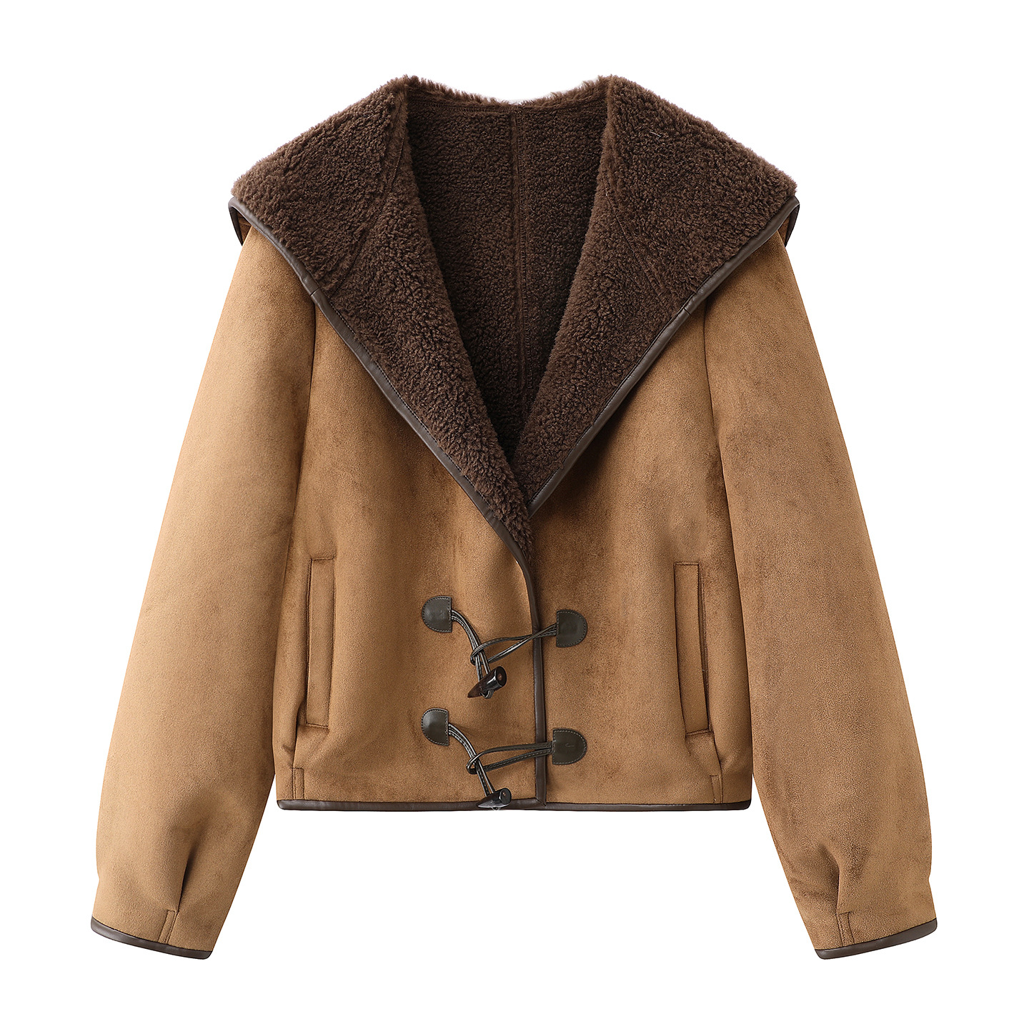 现货 2025冬新款女时尚气质复古牛角扣皮毛一体短款外套3J4G102