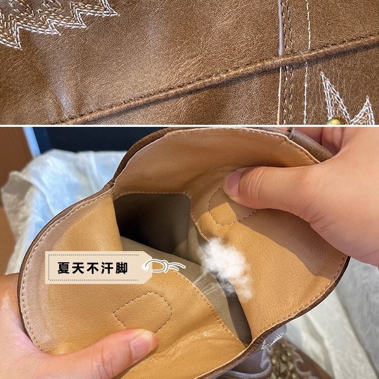 铆钉西部牛仔靴女2025夏天复古刺绣v口尖头棕色长筒靴粗跟骑士靴|undefined