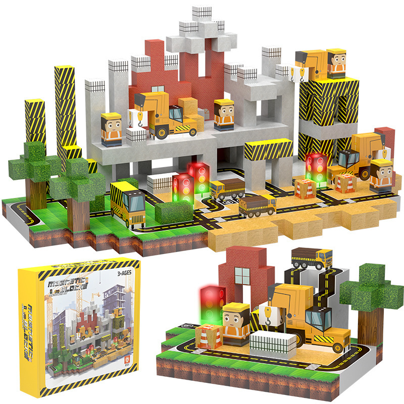 138Pcs Engineering Vehicle Scene Magnetic Block Light Magnetic Building Blocks DIY Assembled Magnetic Building Block Set 2cm