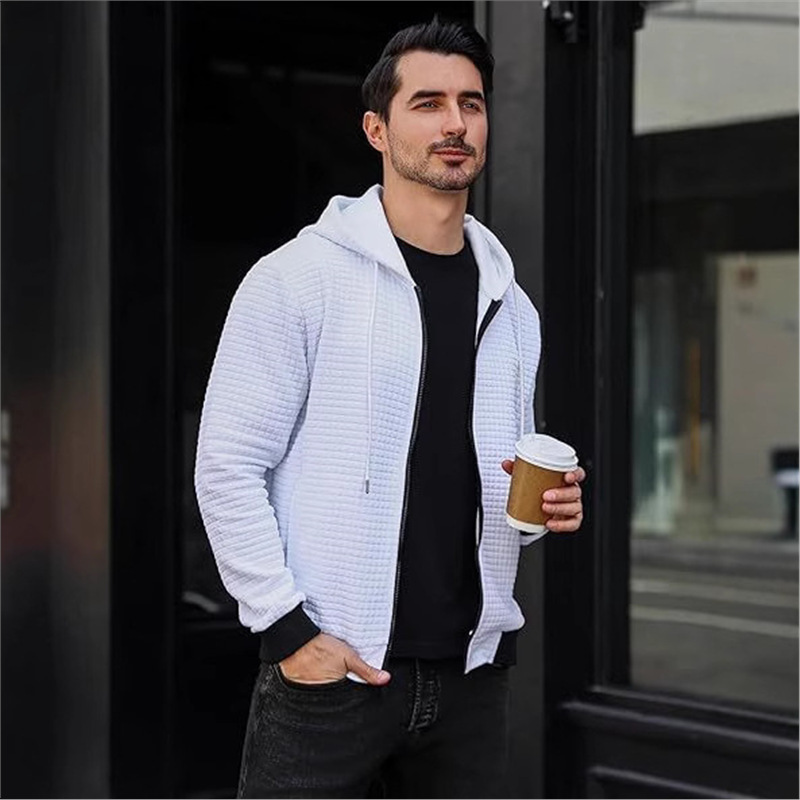 2025 Cross-Border European and American Men's Lightweight Hooded Sweatshirt Full Zipper Waffle Sweatshirt Casual Jacket Jacket