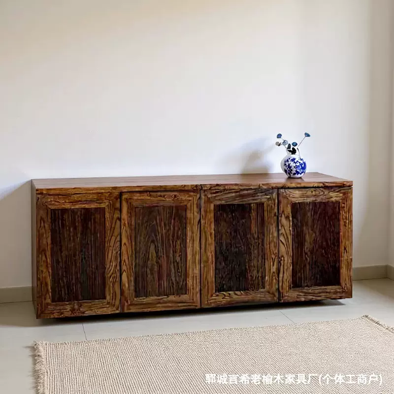 定制中式复古老榆木餐边柜实木靠墙茶水柜多开门大容量收纳储物柜
