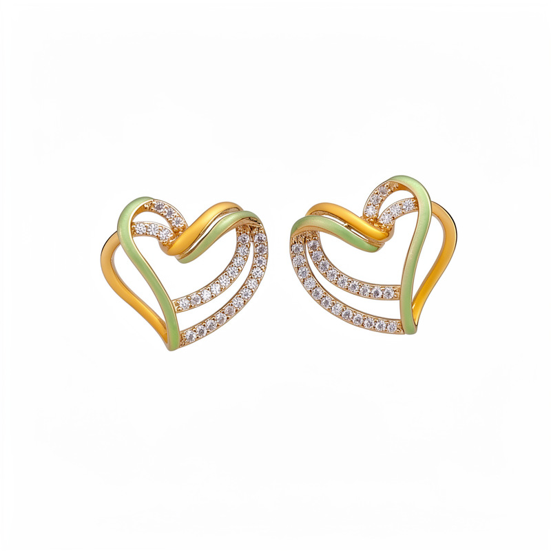 Aguja de plata de zircón de doble capa de amor pernos de orejas agujeros pequeños temperamento fresco dulce simple pendientes ligeros de lujo de alta calidad pernos de orejas