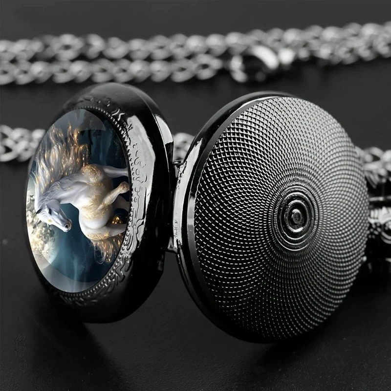 Vintage Unique Silver Horse Animal Design Necklace Pendant Quartz Pocket Watch, Cool Exquisite Accessories for Men Women Kids